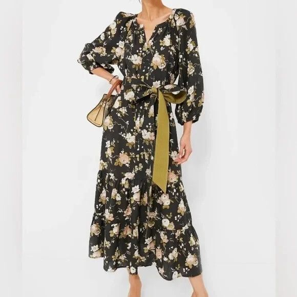 Tuckernuck NEW Maxi Dress Women's Midnight Garden Lyles Tiered Belt Pockets XL - Picture 1 of 7